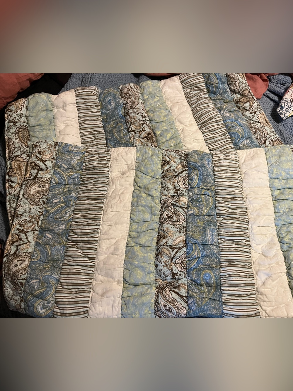Greenland Home~ Pillow Shams~Blue Paisley Stripe Patchwork Quilt ~ 💯 Cotton